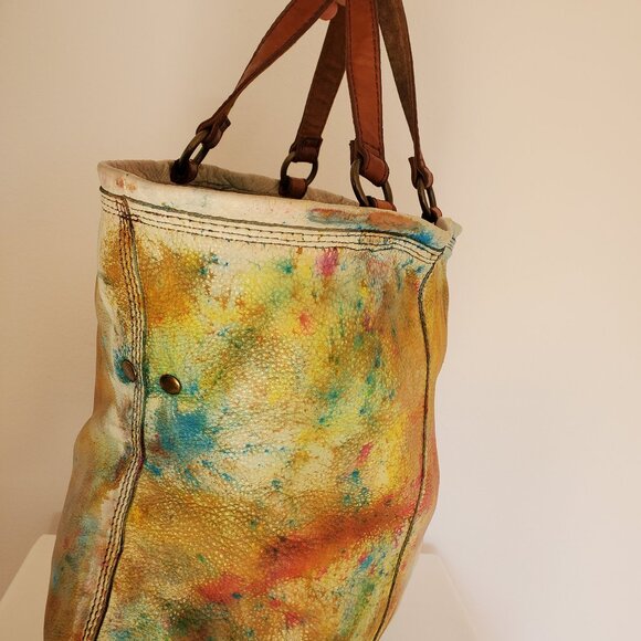 Lucky leather rainbow cowgirl hippie XL tote dyed orange blue green yellow red - Picture 8 of 15